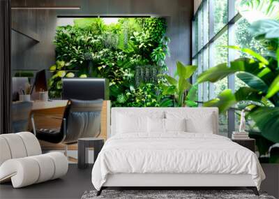 Office with a lush living green wall, natural light and ergonomic furniture. Wall mural