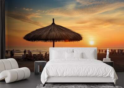 Palm leaf umbrella, space in the shadow to relax at the beach, looking to the blue heaven, perfect time to chill Wall mural