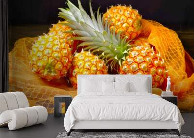 Pineapples close-up as a background. Harvest of pineapples lie in a pile. Fresh tropical fruits. Wall mural