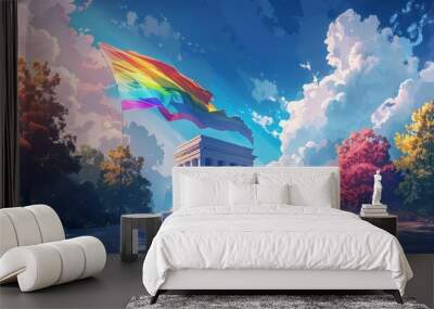 Pride visibility awareness illustrated by a rainbow flag draped over a monument or landmark signaling support for LGBTQ rights Wall mural