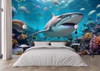 Shark swimming in ocean over sunshine. AI generated Wall mural