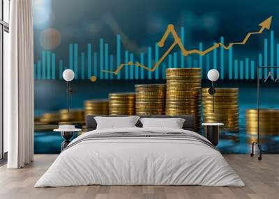 stacks of coins arranged with a stock market graph and an upward arrow Wall mural