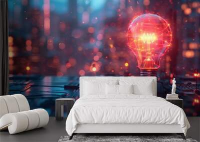 Technology and Innovation: A 3D vector illustration of a lightbulb in a futuristic cityscape Wall mural