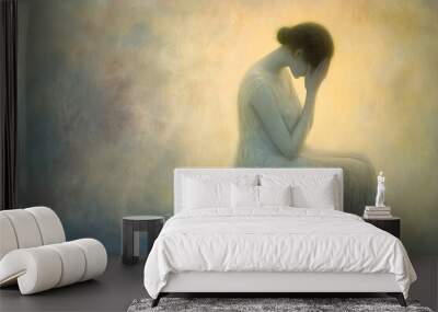 A girl feeling sad and depressed against textured, muted background. Wall mural