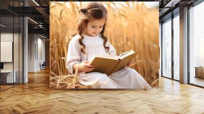 Cute little girl reading bible book beside rice field. Wall mural