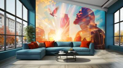 Double exposure art of Jesus Christ, flying dove and cityscape Wall mural