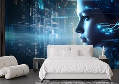 Futuristic female robot with artificial intelligence. AI generated Wall mural