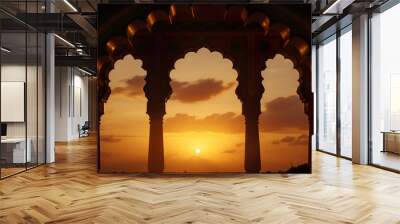 Indian arch silhouette in old temple at dramatic sunset Wall mural