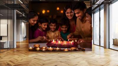 Indian family lighting oil lamps and celebrating Diwali, fesitval of lights at home Wall mural