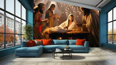 Scene of the birth of Jesus. Christmas nativity scene. Wall mural