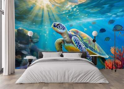 Sea turtle or marine turtle swimming in ocean. AI generated Wall mural