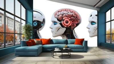 Three futuristic robotic heads with AI in different designs. Wall mural