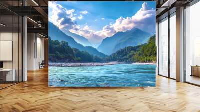 the view on the river bank with beautiful mountains Wall mural