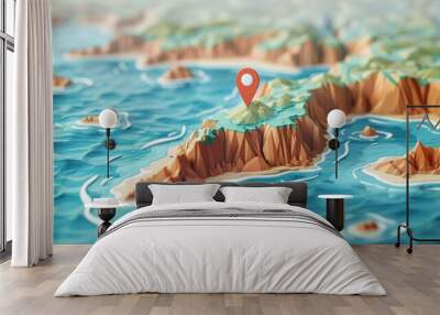 Travel Destination: A 3D vector illustration of a map with a pin highlighting a coastal travel destination Wall mural