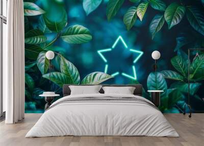 tropical leaves, framed in a star-shaped design with a vibrant color palette of green and blue Wall mural