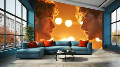 Two friends discussing a movie they just watched, sharing their thoughts and opinions. Wall mural