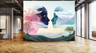 Two people, their dreams intertwined in a surreal, abstract landscape, with interconnected lines representing their shared thoughts and emotions. Wall mural