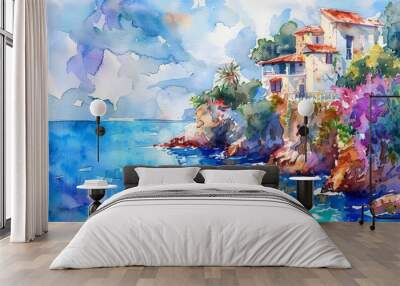 Watercolor colorful bright textured abstract background handmade. Mediterranean landscape. Wall mural