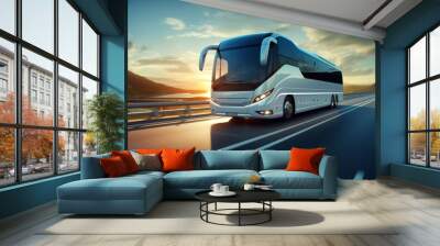 White Modern comfortable tourist bus driving through highway at bright sunny sunset. Travel and coach tourism concept. Trip and journey by vehicle Wall mural