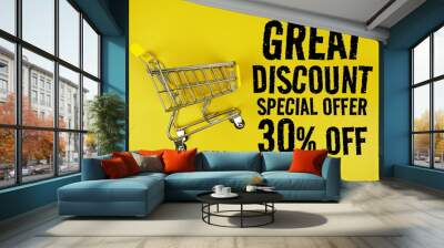 Great Discount 30% Special Offer text with trolley shopping cart on yellow background Wall mural