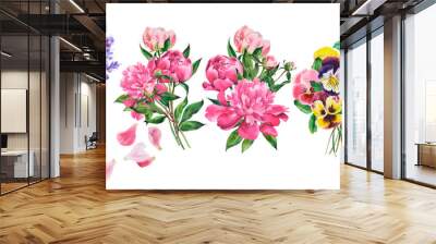 Beautiful bouquet , watercolor flowers, bellflower, peony, lavender, pansy on an isolated white background, watercolor botanical drawing. Wall mural