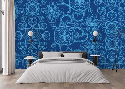 Dark blue ornamental geometric floral lace embroidery decorative seamless pattern graphic vector artwork Wall mural