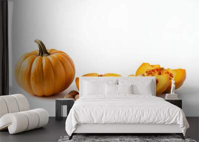 Fresh whole, half and sliced nutmeg pumpkins on a white background with space for text isolated with white shades, png Wall mural