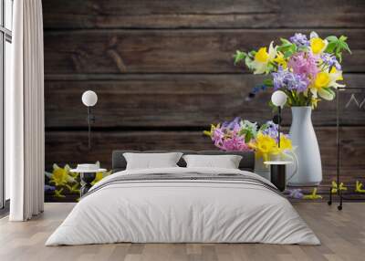 beautiful spring flowers on dark old wooden background Wall mural