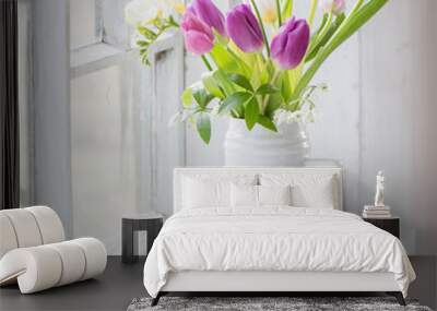 beautiful tulips on old white windowsill Wall mural