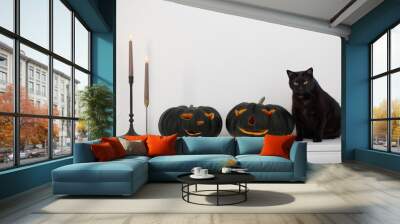 black halloween pumpkin and black cat  in white interior Wall mural