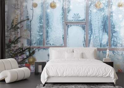 Christmas decorations on old wooden window Wall mural