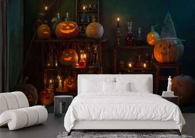 halloween decoration with pumpkins and magic potions indoor Wall mural