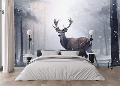 illustration with deer in winter forest Wall mural