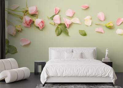 pink and white flowers on green  paper  background Wall mural