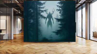 silhouette of giant scary monster in foggy forest Wall mural