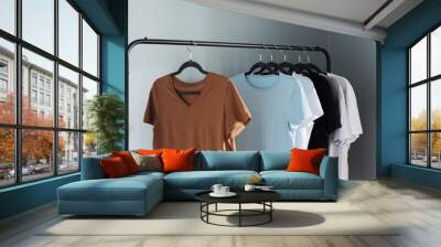 T-shirts of neutral colors on  black hanger against  gray wall Wall mural