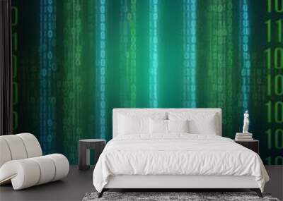 Blue and green digital binary data or code matrix background. Computer screen, cyberspace. Generative AI. Wall mural