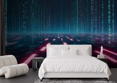 blue digital binary data, flow of data, background in a matrix style. Generative AI. Wall mural