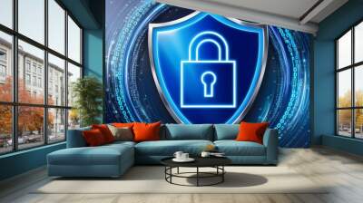 Cyber security data privacy and protaction and defense concept. digital lock with a blue shield and binary data. Generative AI.	 Wall mural