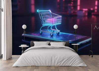 E-commerce online shopping concept. shopping cart with a smartphone. Generative AI. Wall mural