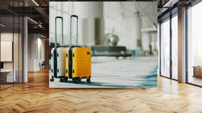 Two suitcases in an empty airport hall, traveler cases in the departure airport terminal waiting for the area, vacation concept, blank space for text message or design Wall mural