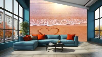 Amazing sea sunrise view with a hand drawn heart as love symbol Wall mural