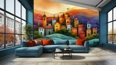 Charming Vector Graphic of Village with Dove Wall mural