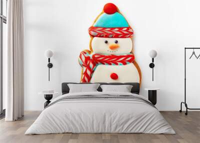 Closeup gingerbread christmas snowman cookie isolated at white background. Wall mural