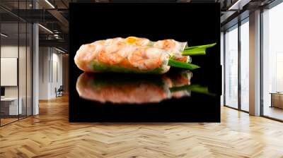 Closeup image of goi cuon spring rolls with shrimps, onion, mango, pork and noodles isolated at black background. Traditional vietnamese food. Wall mural