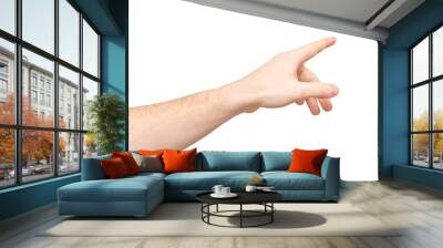 Closeup image of male hand making pointing gesture isolated at white background. Wall mural