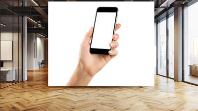 hand holding cellphone with white screen at isolated background Wall mural