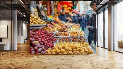 A bustling Chinatown market with vendors selling exotic foods. Wall mural