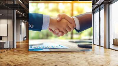 A handshake between two business executives in a modern boardroom, sealing a deal and illustrating the importance of networking and collaboration in business Wall mural