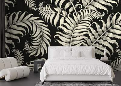 Abstract wallpaper design inspired by the intricate patterns found in nature, with delicate fern leaves and swirling vines intertwining to form an organic and visually captivating composition Wall mural